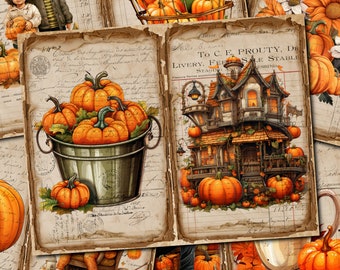 Junk Journal Printable, Fall Pumpkin , Vintage Journal Pages, Autumn Junk Journal Digi Kit, ,  Junk Journal Digi Kit, Double Pages Download