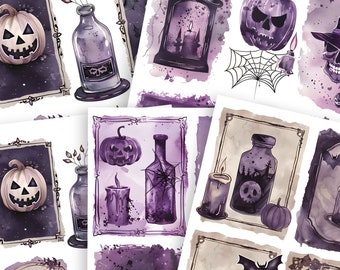 May include: Watercolor illustrations of Halloween-themed objects in shades of purple and black. The images include jack-o'-lanterns, bottles, candles, lanterns, and a skull. Each illustration is framed with a decorative border, creating a spooky and artistic aesthetic.