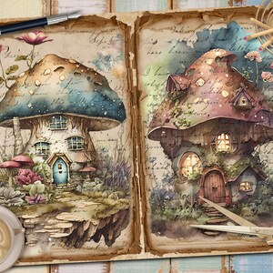 May include: Two watercolor illustrations of mushroom houses with windows and doors. The houses are on a background of old paper with handwritten text. The mushroom on the left is blue and white with a starry sky pattern. The mushroom on the right is pink and white with brown spots.