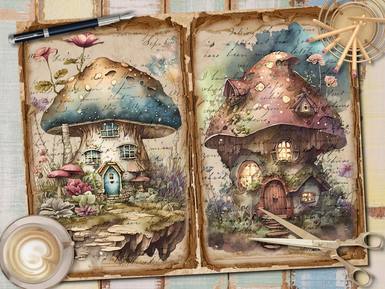 May include: Two watercolor illustrations of mushroom houses with windows and doors. The houses are on a background of old paper with handwritten text. The mushroom on the left is blue and white with a starry sky pattern. The mushroom on the right is pink and white with brown spots.