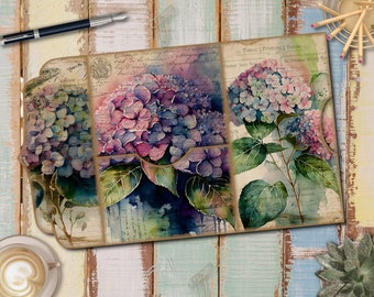 Hydrangea Junk Journal Kit: Printable Folding Folio, Collage Sheets (Digital Download)