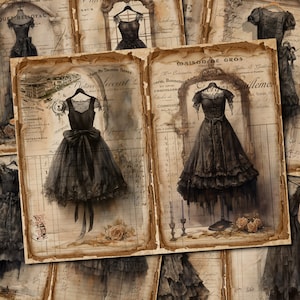 Diario de Halloween imprimible, Glamour Gótico: Hojas dobles de diario de Halloween con vestido negro, Diario de Halloween, Diario de Halloween Gótico