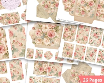 Shabby Roses Junk Journal Kit: Printable Pockets, Tags, Envelopes, Cards (Digital Download)