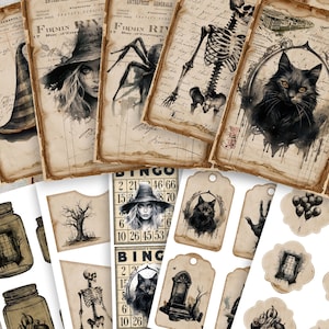 Kit de diário de lixo, kit de diário de lixo de Halloween - páginas, itens efêmeros, envelope, etiquetas, potes, círculos, cartões de bingo, cartões postais, imprimíveis - conjunto 1
