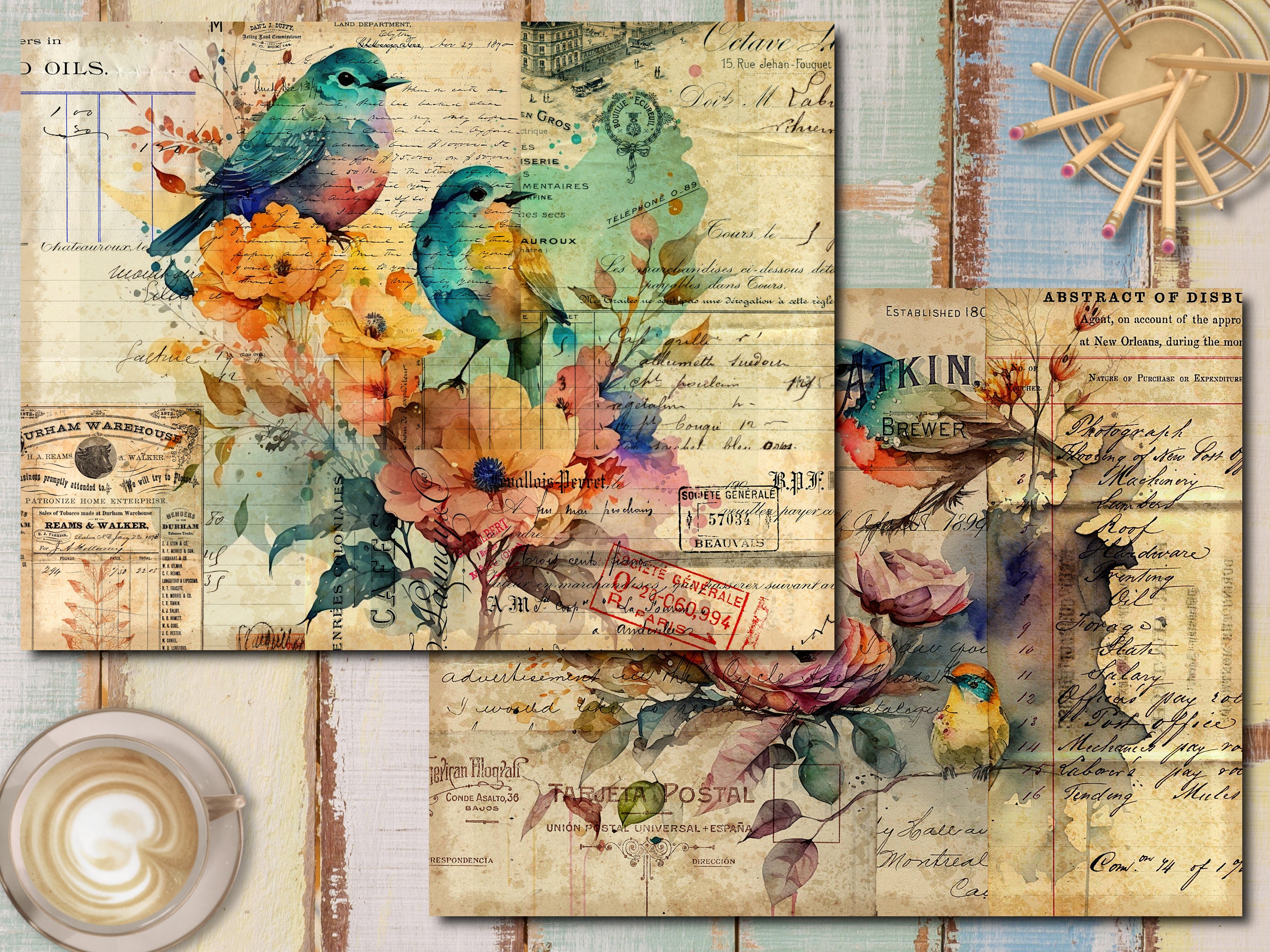 Vintage Birds & Flowers Collage Papers: Junk Journal Kit (digital ...