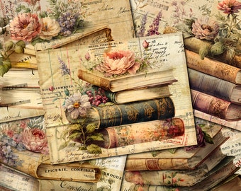 Vintage Books Junk Journal Kit: Floral Ephemera Papers (Digital Download)