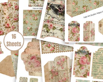 Zestaw do dziennika Shabby Chic Roses Junk Journal: kieszonki, etykiety, koperty do druku (do pobrania w wersji cyfrowej) – FA231