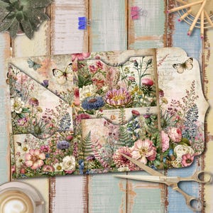 May include: A tri-fold paper folio featuring a vintage-style botanical print with various wildflowers, ferns, and butterflies in soft pink, blue, and cream tones. The design includes multiple interior pockets with curved edges and script text.