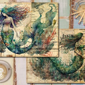 Pu&ograve; includere: Due acquerelli di sirene con capelli lunghi e fluenti e code. Le sirene sono circondate da coralli e alghe marine. I dipinti sono su uno sfondo vintage con testo e francobolli.
