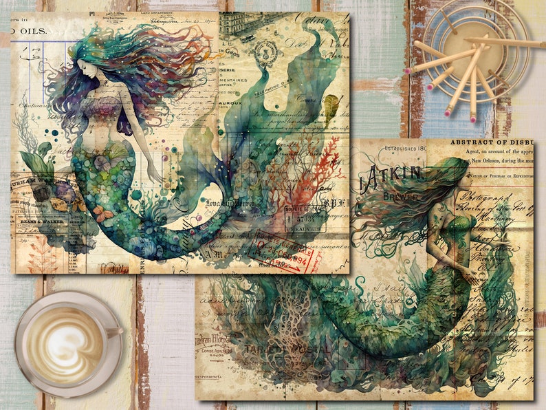 Pu&ograve; includere: Due acquerelli di sirene con capelli lunghi e fluenti e code. Le sirene sono circondate da coralli e alghe marine. I dipinti sono su uno sfondo vintage con testo e francobolli.