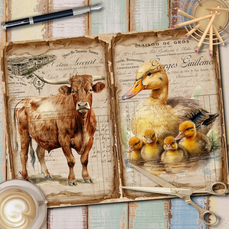 May include: A vintage-style image collage featuring a brown and white cow on the left and a yellow duck with ducklings on the right. The background is a faded, aged paper with handwritten text in French.