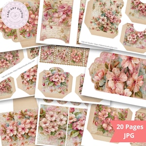 May include: A digital printable junk journal kit featuring twenty pages of floral designs with pink cherry blossoms, green leaves, and vintage script handwriting on a beige background. The collection includes various tags, pockets, and envelopes.