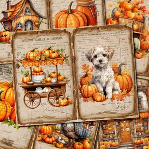 以下が含まれることがあります： カボチャ、犬、カボチャのカートを描いた、ヴィンテージスタイルのイラストのコラージュ。画像は、オレンジ、茶色、ベージュの色調の、暖かく秋らしい色使いです。「ENTREPRISE GENERALE DE BATIMENTS」の文字が見えます。