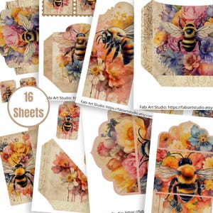 Kit aggiuntivo Vintage Bee Junk Journal I - 16 fogli stampabili con buste, tasche, etichette, biglietti - FA223