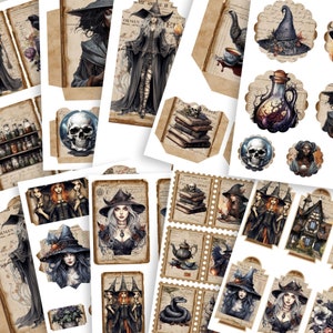 Kit de itens efêmeros de diário de bruxas de Halloween - imprimíveis digitais assustadores, mágicos, góticos e místicos - etiquetas, cartões, envelopes, bolsos - conjunto de 3