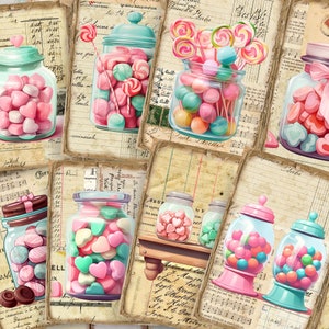 Puede incluir: Papel de scrapbook de estilo vintage con imágenes de frascos llenos de corazones de caramelo, piruletas y chicles. El papel tiene un aspecto desgastado con texto escrito a mano y notas musicales.