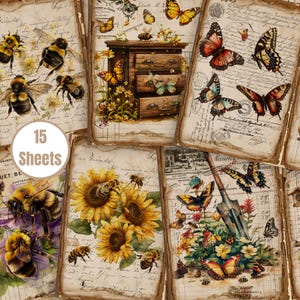 Nature's Wings Junk Journal Pages – 15 folhas duplas com abelhas, borboletas e flores, download digital, US Letter, 300 DPI