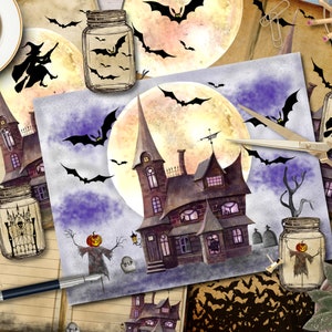 May include: A collection of Halloween-themed illustrations featuring a haunted house, bats, and a full moon. The artwork includes a witch on a broom, scarecrows, and images inside mason jars. A pen, scissors, and a cup of coffee are also present.