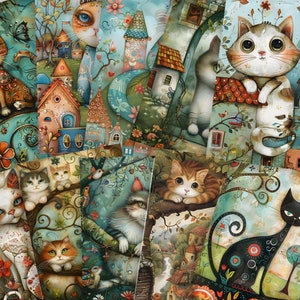 Whimsical Cats Junk Journal Kit - Magical Cat Themed Pages - Papers for Creative Journaling - JPG - PDF - Set 2