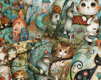 Whimsical Cats Junk Journal Kit: Magical Cat-Themed Pages (JPG, PDF)