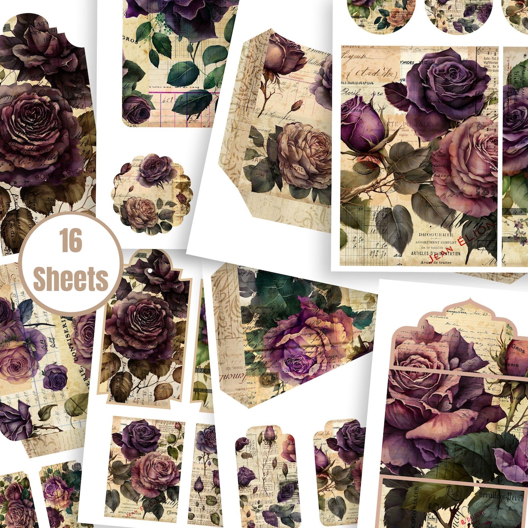 Purple Roses Ephemera – Vintage Junk Journal Kit (printable) - FA213 - Etsy