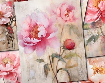 Junk Journal Printable, Pink Peony Collage Digital Paper Pack - Set of 15 for Junk Journals and Scrapbooks, Collage Pages Art s