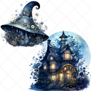 Pode incluir: Ilustra&ccedil;&atilde;o em aquarela de um chap&eacute;u de bruxa extravagante e uma casa de conto de fadas. O chap&eacute;u &eacute; azul marinho com enfeites florais e de estrelas. A casa tamb&eacute;m &eacute; azul marinho com janelas brilhantes e uma fachada detalhada.