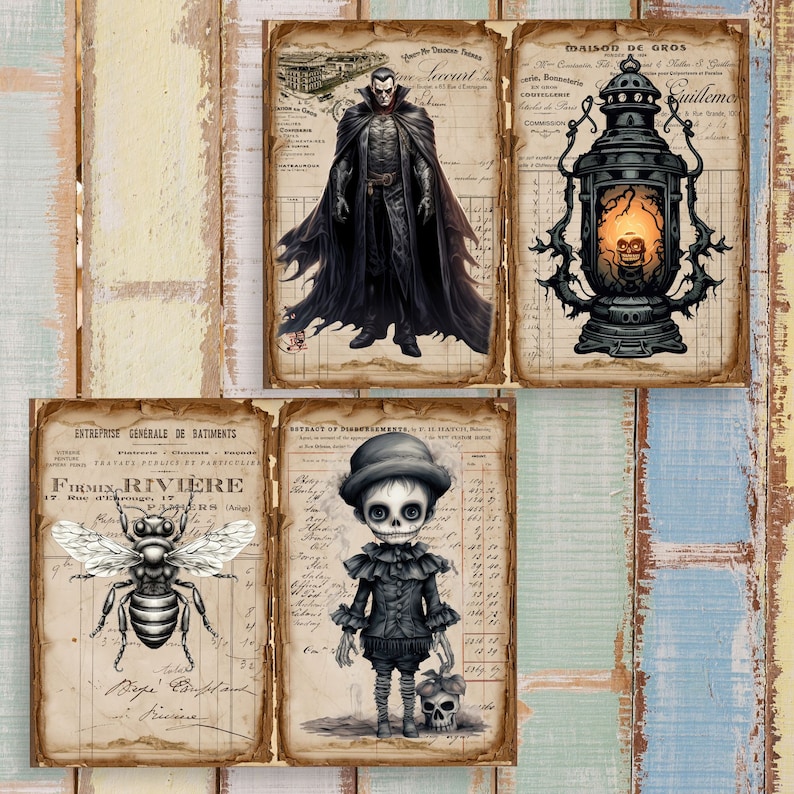 May include: A digital collage featuring four vintage-style paper panels with aged edges. The panels display a dark-haired figure in a long black cloak, a glowing lantern, a detailed black and white bee illustration, and a small figure with a skull face.