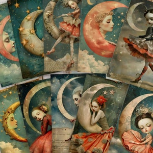 Pages fantaisistes de journal indésirable céleste, style surréalisme, papier de journal indésirable, papiers numériques fantaisistes lune, étoiles, téléchargement numérique - lot 1
