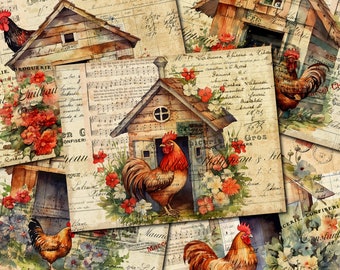 Vintage Hahn Junk Journal Papiere: Hühnerstall Ephemera (Digitaler Download)