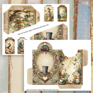May include: A collection of Alice in Wonderland-themed paper ephemera. The set includes tags, a decorative envelope, and other elements with illustrations of teacups, mushrooms, and the Mad Hatter's hat. The color palette features soft pastels and vintage textures.