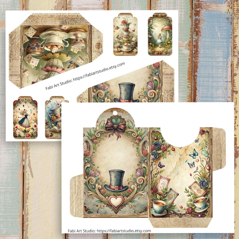 May include: A collection of Alice in Wonderland-themed paper ephemera. The set includes tags, a decorative envelope, and other elements with illustrations of teacups, mushrooms, and the Mad Hatter's hat. The color palette features soft pastels and vintage textures.
