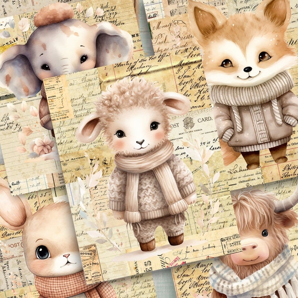 Baby Animals in Cozy Sweaters - 5 Collage Papers for Junk Journal , Pages, Scrapbook, Insert, Vintage Ephemera, Download