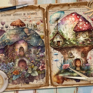 May include: Two watercolor illustrations of whimsical houses built into giant mushrooms. The first house is purple and blue with a brown door and is surrounded by flowers. The second house is brown with a red and white mushroom cap and a brown door. The illustrations are on a vintage paper background with text.