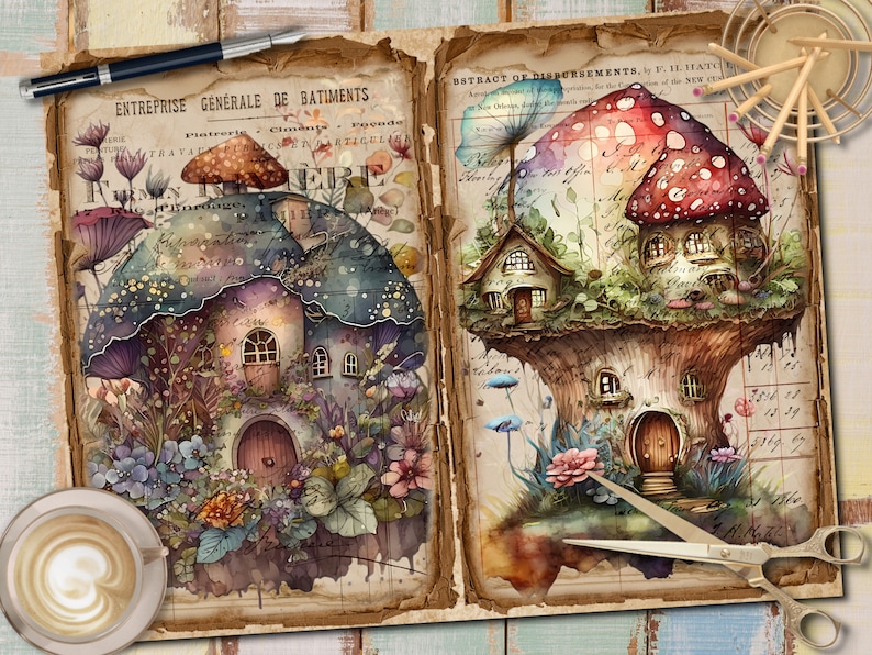 May include: Two watercolor illustrations of whimsical houses built into giant mushrooms. The first house is purple and blue with a brown door and is surrounded by flowers. The second house is brown with a red and white mushroom cap and a brown door. The illustrations are on a vintage paper background with text.