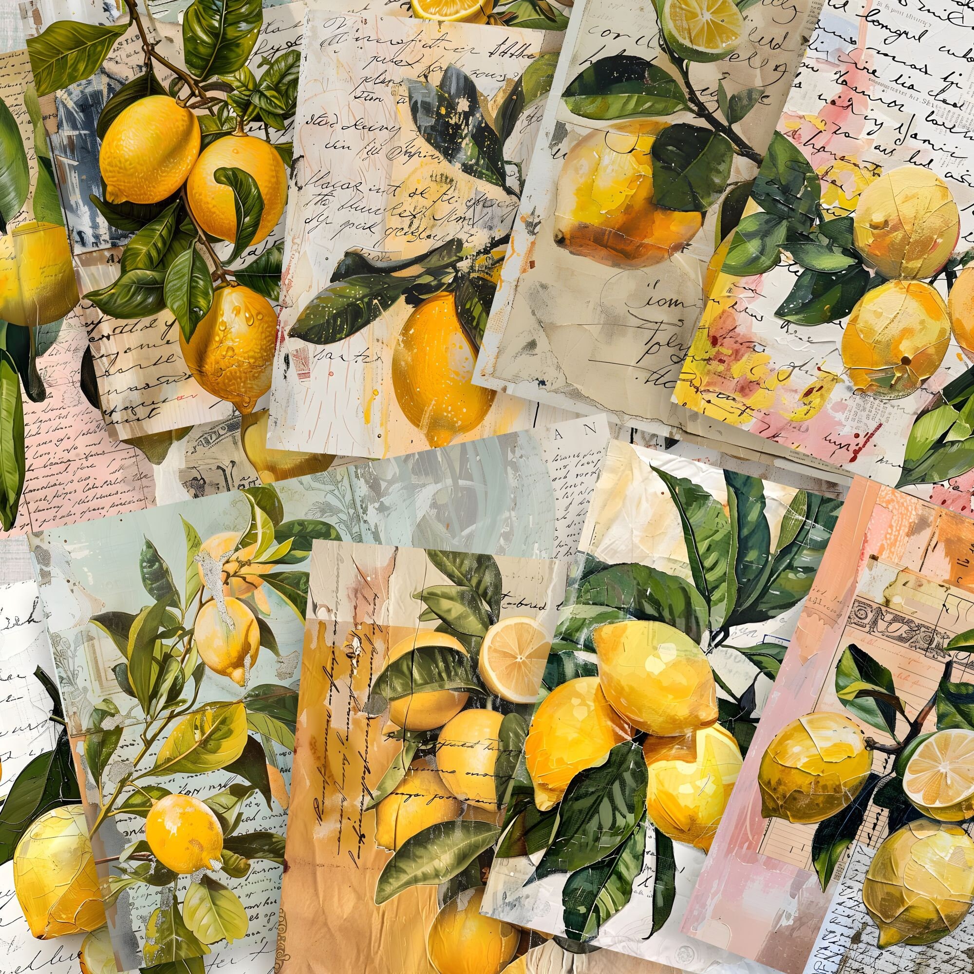Lemon Junk Journal Kit: Vintage Citrus Scrapbook Paper (digital