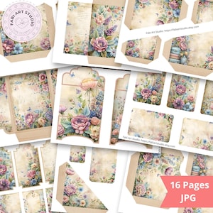 May include: A selection of floral digital papers and envelopes. The designs showcase watercolour illustrations of roses, lavender, and other flowers in pink, purple, and blue hues. The papers have a vintage, antique aesthetic, with the text "16 Pages JPG".