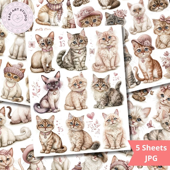 Cat Fussy Cuts for Junk Journals, Cute Kitten Stickers, Ephemera Kit, Scrapbooking Cutouts, Journal Supplie (Digital Download) - FA442