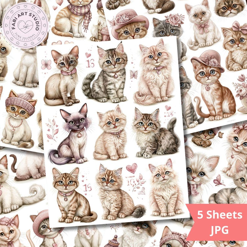 May include: A collection of cat illustrations in various poses and colors, some wearing hats and accessories. The illustrations are in a soft, pastel color palette with pink and brown accents. The image includes the text "Fabi Art Studio" and "5 Sheets JPG".