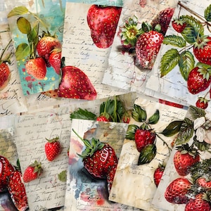 May include: A collage of vintage paper with handwritten text and images of red strawberries. The strawberries are arranged in various positions and sizes, with some overlapping. The paper has a distressed, aged look, with faded ink and torn edges.