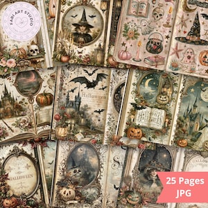 May include: A collection of digital scrapbook pages featuring Halloween themes, including illustrations of witches, haunted castles, pumpkins, skulls, ghosts, bats, and open books with ornate frames, all presented in a vintage, decorative style.