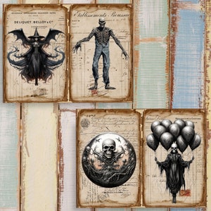 May include: A digital collage sheet featuring four distinct gothic illustrations on aged, vintage-style paper backgrounds with French text. The images depict a winged witch, a skeletal figure, a circular skull cluster, and a figure holding black balloons.