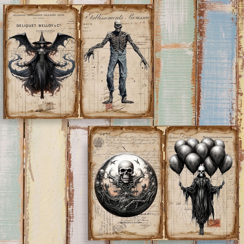 May include: A digital collage sheet featuring four distinct gothic illustrations on aged, vintage-style paper backgrounds with French text. The images depict a winged witch, a skeletal figure, a circular skull cluster, and a figure holding black balloons.