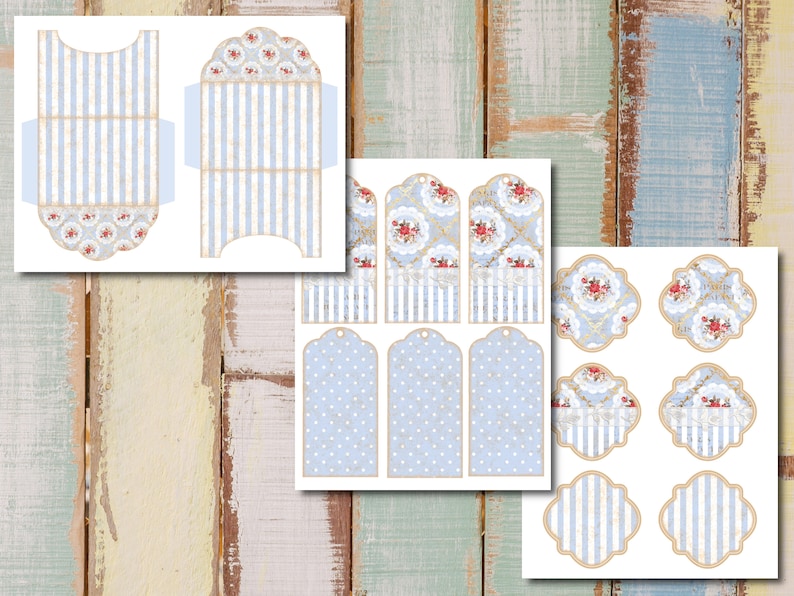May include: Printable set of blue and white gift tags and boxes with a floral pattern. The tags have a variety of shapes, including circles, rectangles, and ovals. The boxes are designed to be folded and assembled.