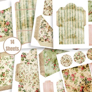 Kit d'extension pour journal indésirable Roses shabby chic antiques - 14 feuilles imprimables avec pochettes, étiquettes, enveloppes et cercles - FA171