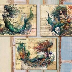 Pu&ograve; includere: Tre illustrazioni in stile vintage di sirene con lunghi capelli e code fluttuanti. Le sirene sono rappresentate in uno stile ad acquerello con uno sfondo di carta vecchia e testo.