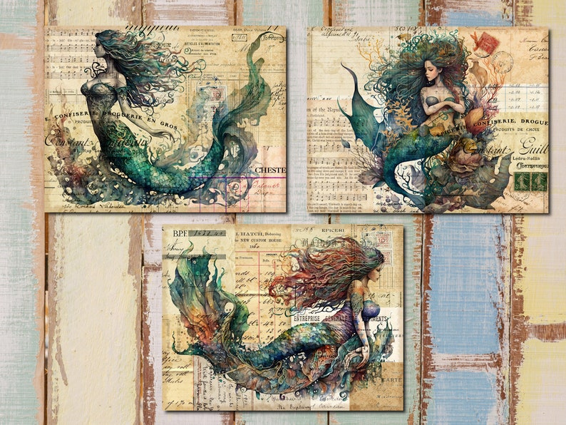 Pu&ograve; includere: Tre illustrazioni in stile vintage di sirene con lunghi capelli e code fluttuanti. Le sirene sono rappresentate in uno stile ad acquerello con uno sfondo di carta vecchia e testo.