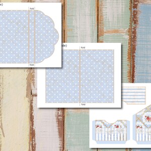 May include: A printable template for a blue and white polka dot envelope with a scalloped edge. The template includes fold lines and instructions for assembly.