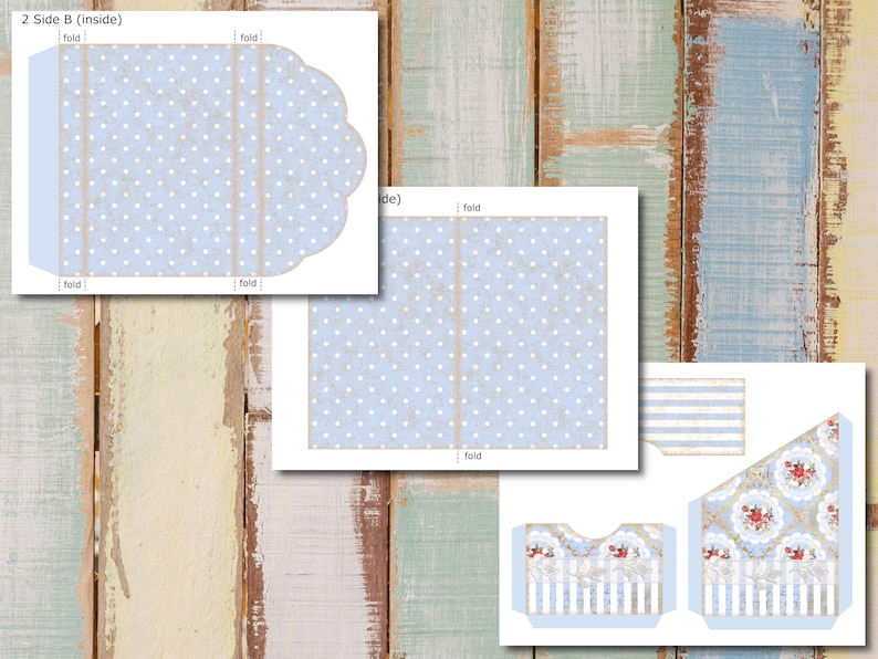 May include: A printable template for a blue and white polka dot envelope with a scalloped edge. The template includes fold lines and instructions for assembly.