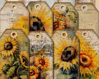 DIGITAL Sunflower Junk Journal Tags – Vintage Flower Ephemera - Printable Tags - FA114
